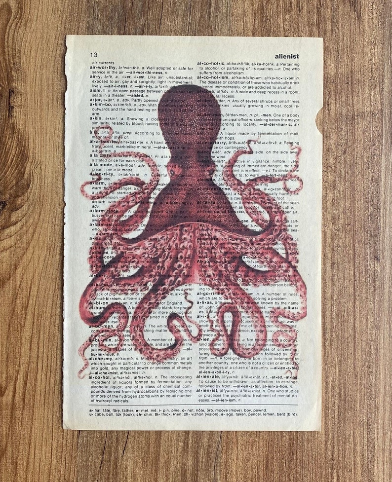 Set of 6 art prints on old dictionary page, octopus on antique book page print, bathroom wall art, octopus, octopus home decor, image 9