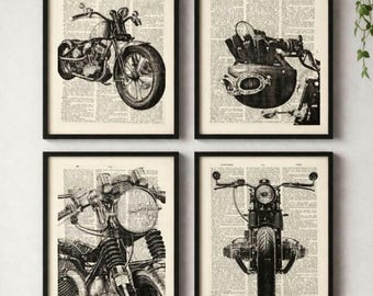 4 grafiki motocyklowe na stronie antycznego słownika, motyw motocyklowy na stronie książki, dekoracja ścienna męskiej jaskini, sztuka czarno-biała, plakat retro,