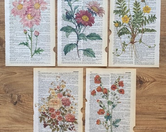 Set of 5 flower dictionary print, botanical art set, floral wall prints, botanical poster, flower market prints, nature prints, antique art