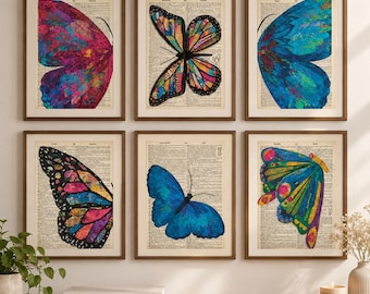 Vintage Butterfly Wall Art Set of 6, Antique Dictionary Page Prints, Colorful Insect Decor, Nature Gallery Wall, Butterfly Decor