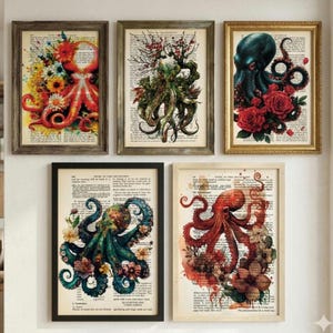 May include: Five framed wall art prints featuring octopus illustrations overlaid on vintage dictionary pages. Each print displays a different octopus in red, green, or teal, surrounded by colourful floral arrangements and botanical elements.