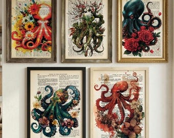 Octopus Print With Flowers, Bathroom Wall Art, Antique Dictionary Print, Child Room Decor, Octopus, Octopus Art, Floral Decor, Vintage Art