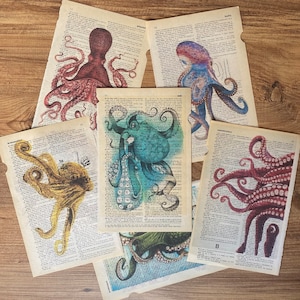 Set of 6 art prints on old dictionary page, octopus on antique book page print, bathroom wall art, octopus, octopus home decor, image 4