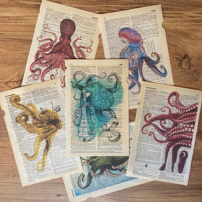 Set of 6 art prints on old dictionary page, octopus on antique book page print, bathroom wall art, octopus, octopus home decor, image 4