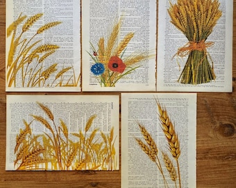 Set of 5 Wheat Dictionary Print, Wheat Poster, Vintage Wheat, Botanical Art Print, Kitchen Decor, Wheat Theme, Trendy Poster, Wheat Bouquet