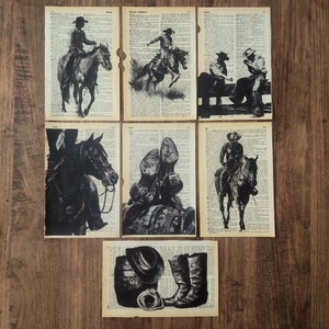 Set van 7 Cowboy Decor Woordenboekafdrukken, Cowboy Poster, Zwart-witte Kunst, Western Wall Decor, Cowboy Wall Decor, Woonkamer Wall Art