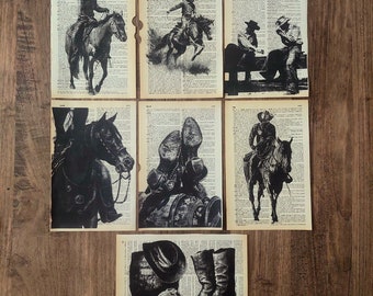 Lot de 7 estampes de dictionnaire déco cowboy, affiche de cowboy, oeuvre d'art noir et blanc, décoration murale western, décoration murale cowboy, oeuvre d'art murale salon