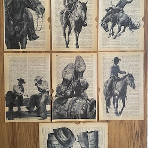 Set von 7 Cowboy Dekor Wörterbuch Drucke, Cowboy Poster, Schwarzweiß Kunst, Western Wand Dekor, Cowboy Wand Dekor, Wohnzimmer Wand Kunst