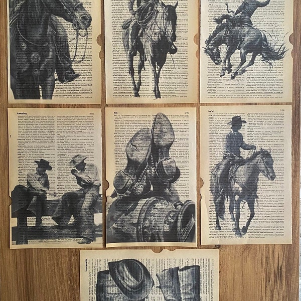 Set of 7 Cowboy Decor Dictionary Prints, Cowboy Poster, Black and White Art, Western Wall Decor, Cowboy Wall Decor, Living Room Wall Art