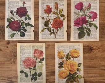 Set of 5 art prints on old dictionary page, roses theme on book page, floral posters, vintage botanical wall art, pink roses wall art