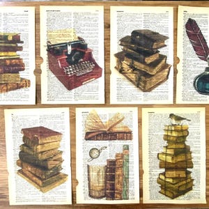Set di 7 stampe artistiche di libri antichi su pagine di vecchi dizionari, libri vintage, stampe per amanti dei libri, decorazioni murali per biblioteche, foto di vecchi libri, arte dei libri, libri