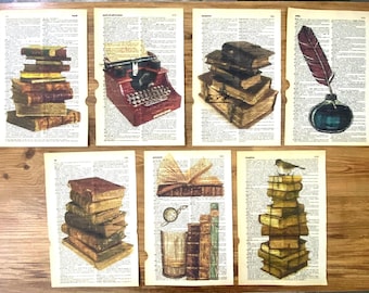 Set of 7 Old Books Art Prints on Old Dictionary Page, Vintage Books, Book Lover Print, Library Wall Decor, Old Books Photo, Book Art, Books