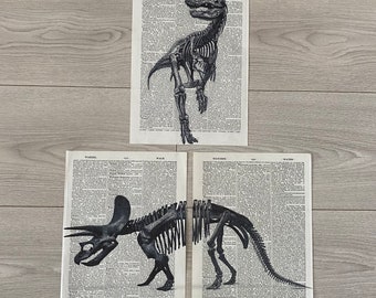 Set of 3 Prints Retro Style Dinosaur Skeleton Black and White Wall Decor on Old Dictionary Page, Dinosaur Poster, T-rex Wall Art, Skeleton