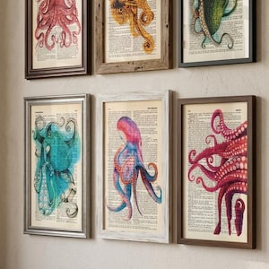 Set of 6 art prints on old dictionary page, octopus on antique book page print, bathroom wall art, octopus, octopus home decor, image 7