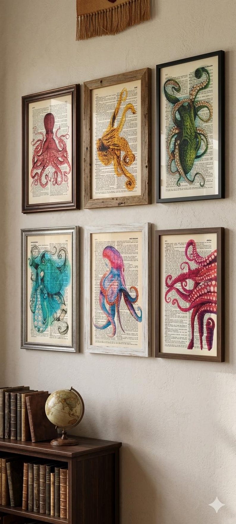 Set of 6 art prints on old dictionary page, octopus on antique book page print, bathroom wall art, octopus, octopus home decor, image 7
