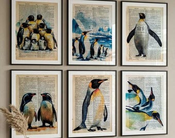 Conjunto de arte mural de pingüinos con ilustraciones de diccionarios vintage, ilustraciones de pingüinos en páginas de libros, pingüino solitario, montaña de pingüinos, póster de pingüinos