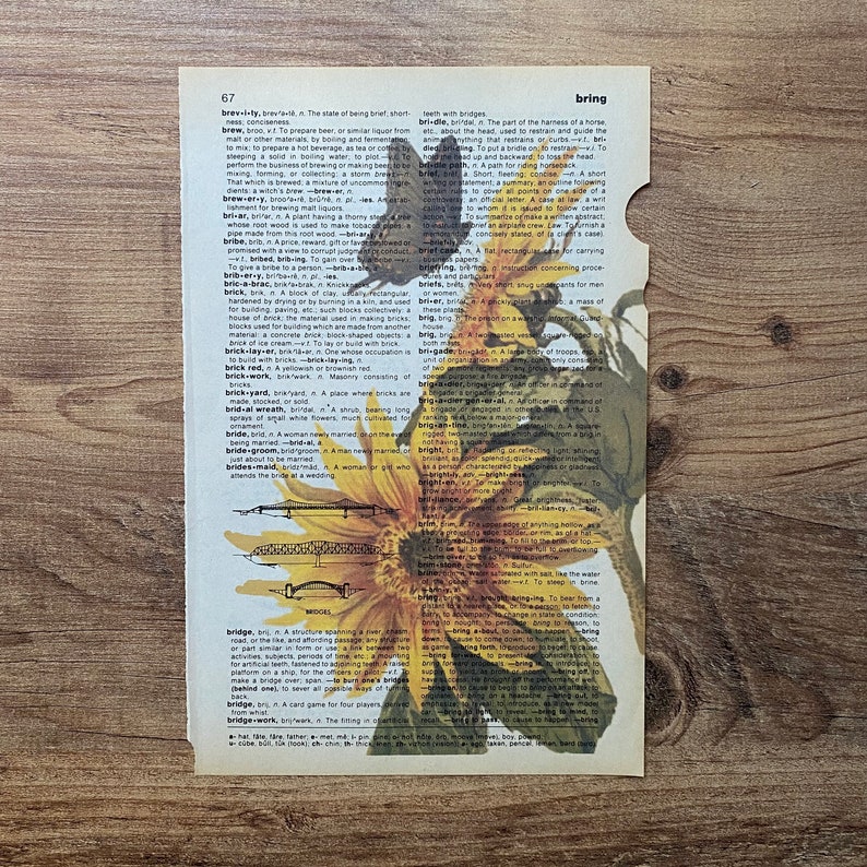 May include: A vintage dictionary page with a yellow sunflower and a butterfly on it. The page features the words "brew", "briar", "bribe", "brick", "bride", and "bridge".