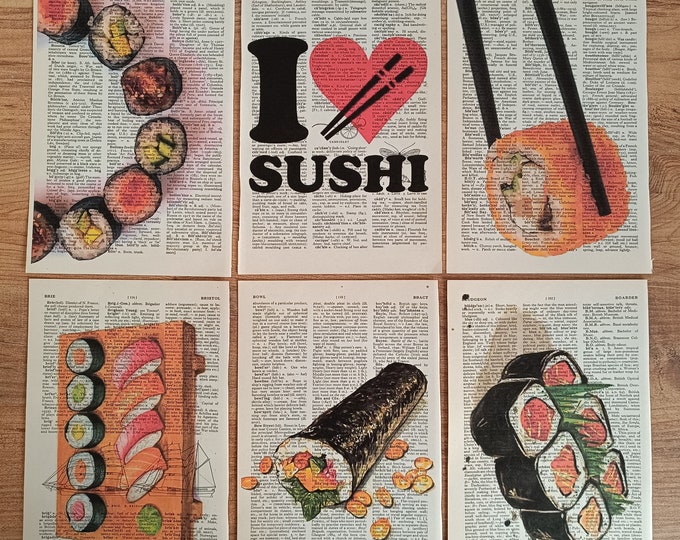 Set of 6 Vintage Prints, Sushi Art, Japanese Gifts, Sushi Gift, Sushi Restaurant Decor, Kawaii Decor, Kawaii, Sushi Gift, Food Print