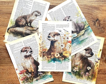 Set of 5 Watercolor Otter Prints, Print on Antique Dictionary Page,  Nursery decor, Baby Shower Gift, Nursery Wall Art, Bedroom Decor