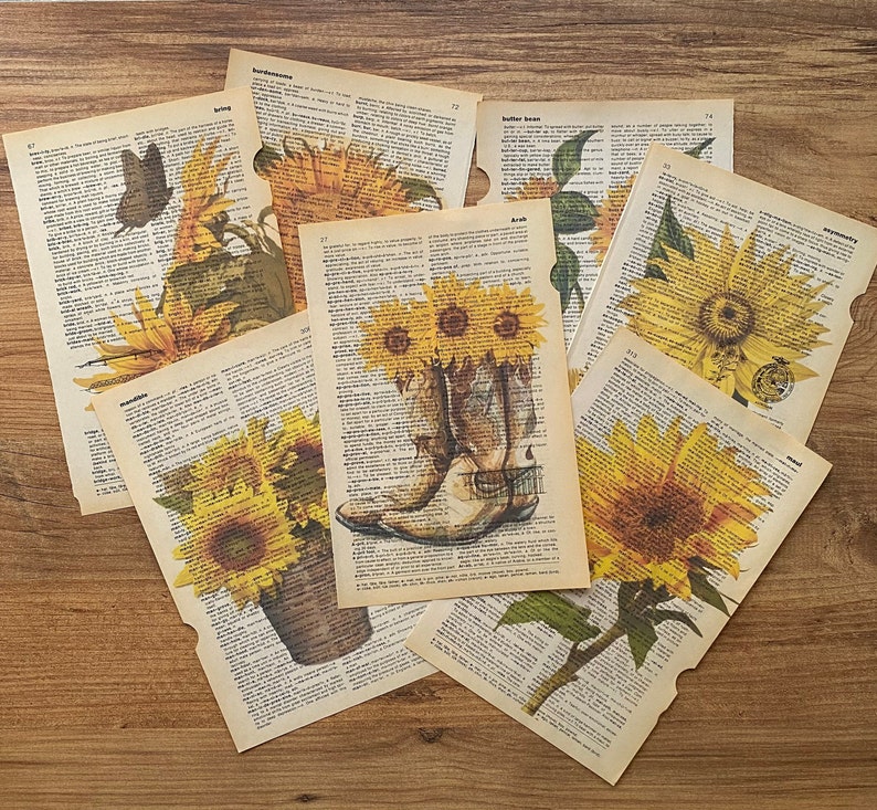 May include: A collection of vintage dictionary pages featuring illustrations of sunflowers. The pages are yellowed with age and have a rustic, antique aesthetic. The pages are titled "Sunflower", "Butter Beans", "Symmetry", and "Spring".
