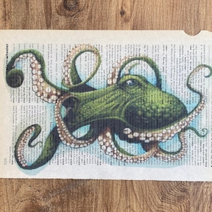 Set of 6 art prints on old dictionary page, octopus on antique book page print, bathroom wall art, octopus, octopus home decor, image 11