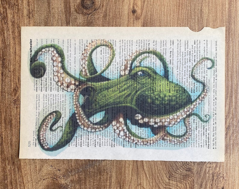 Set of 6 art prints on old dictionary page, octopus on antique book page print, bathroom wall art, octopus, octopus home decor, image 11