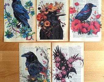 Set Of 5 Floral Raven Dictionary Art Print – Gothic Wall Decor, Halloween Raven Illustration, Dark Academia Bird Print, Botanical Crow Art