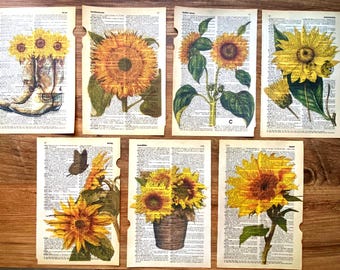 Set of 7 Sunflower Poster on Antique Dictionary Pages, Yellow Wall Art Botanical, Old Book Wall Art, Fall Sunflower, Sunflower Clipart Png,
