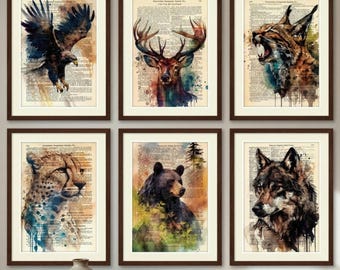 Vintage Dictionary Art Print Set of 6, Wild Animal Wall Decor, Eagle Stag Wolf Bear Lynx Cheetah Posters, Rustic Farmhouse Decor, UNFRAMED