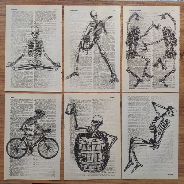 Funny Spookylicious  Dancing Skeleton Dictionary Prints, Halloween Art Print, Boho Halloween Decor, Gothic Art Print, Pastel Halloween