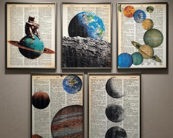 Astronomy Wall Art Set of 5, Vintage Dictionary Print, Space Poster, Solar System Decor, Unframed Galaxy Art, Science Gift, Moon Earth Print