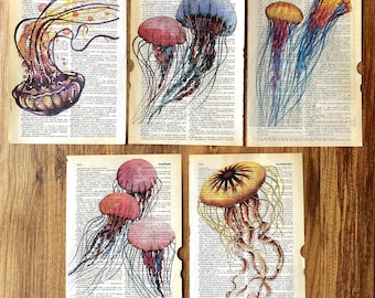 Set of 5 artprints on old dictionary page, jellyfish print, nursery wall art, coastal decor, nautical decor, ocean art print, bathroom print