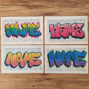 50 Years Old Dictionary Page with Custom Family Names Printed with Graffiti Style : Original Gift Idea, Graffiti Art Print, 5 Custom Name