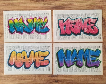 50 Years Old Dictionary Page with Custom Family Names Printed with Graffiti Style : Original Gift Idea, Graffiti Art Print, 5 Custom Name