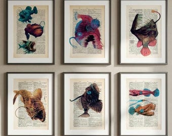 Angler Fish Art Print Set – 6-Piece Deep Sea Illustration | Nautical Wall Decor | Ocean Creature Poster Set | Christmas Gift | Baby Room Art