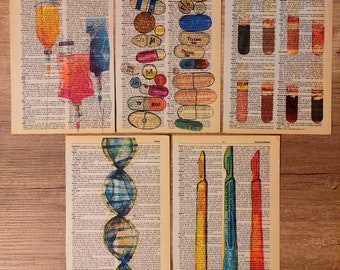 Vintage Medical Art Prints on Dictionary Paper - Set of 5