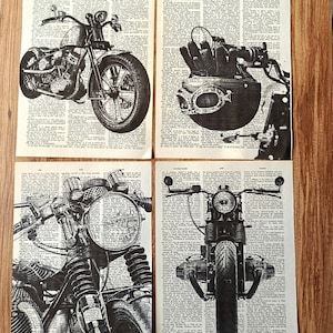 4 motorcycle prints on antique dictionary page, motorcycle theme on book page, man cave wall decor, black and white art, retro poster,
