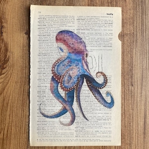 Set of 6 art prints on old dictionary page, octopus on antique book page print, bathroom wall art, octopus, octopus home decor, image 6