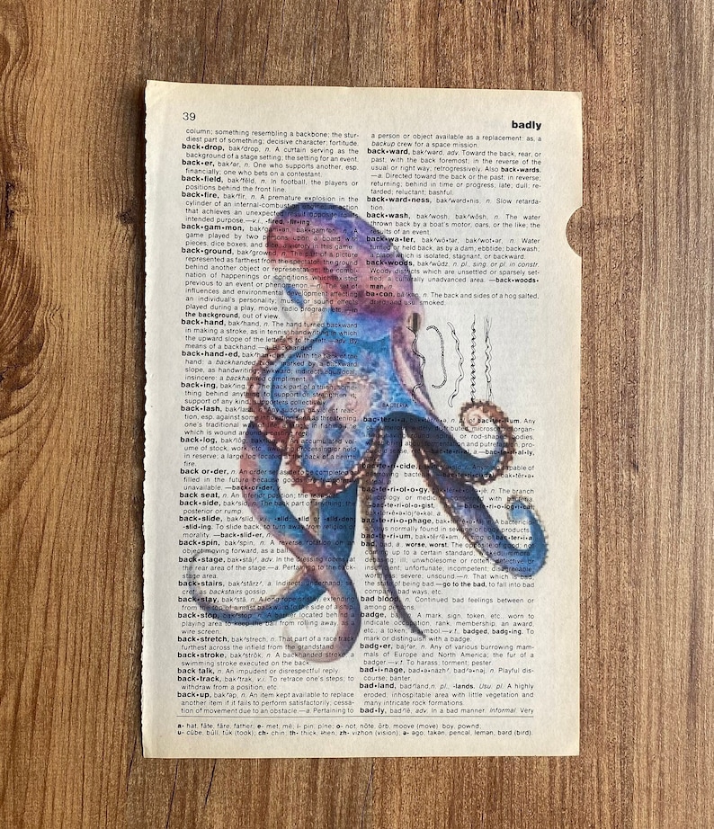 Set of 6 art prints on old dictionary page, octopus on antique book page print, bathroom wall art, octopus, octopus home decor, image 6