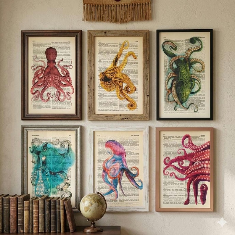 Set of 6 art prints on old dictionary page, octopus on antique book page print, bathroom wall art, octopus, octopus home decor, image 2