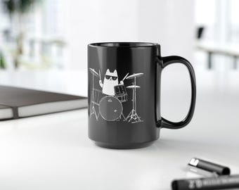 Cool Cat Drummer Mug, Jazz Cat Coffee Mug, Cat Lover Gift, Drummer Gift, Music Lover Mug, Funny Black Cat Coffee Cup