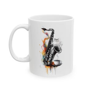 Brewed To Groove Saxophone Coffee Mug, Jazz Lover&#39;s Mug, Ceramic Mug, Musician Gift, Music Lover Gift, 11oz Mug.