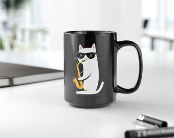 Cool Cat Saxophone Black Ceramic Mug