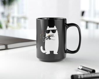 Cool Cat Playing Trumpet Black Ceramic Mug