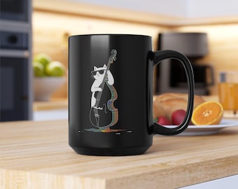 Cat Playing Bass Black Ceramic Mug