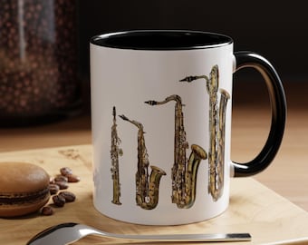 Saxophone Coffee Mug - Soprano, Alto, Tenor, Baritone saxophones, Gift for Music Lovers, Jazz Enthusiasts, Coffee Lovers, Band class