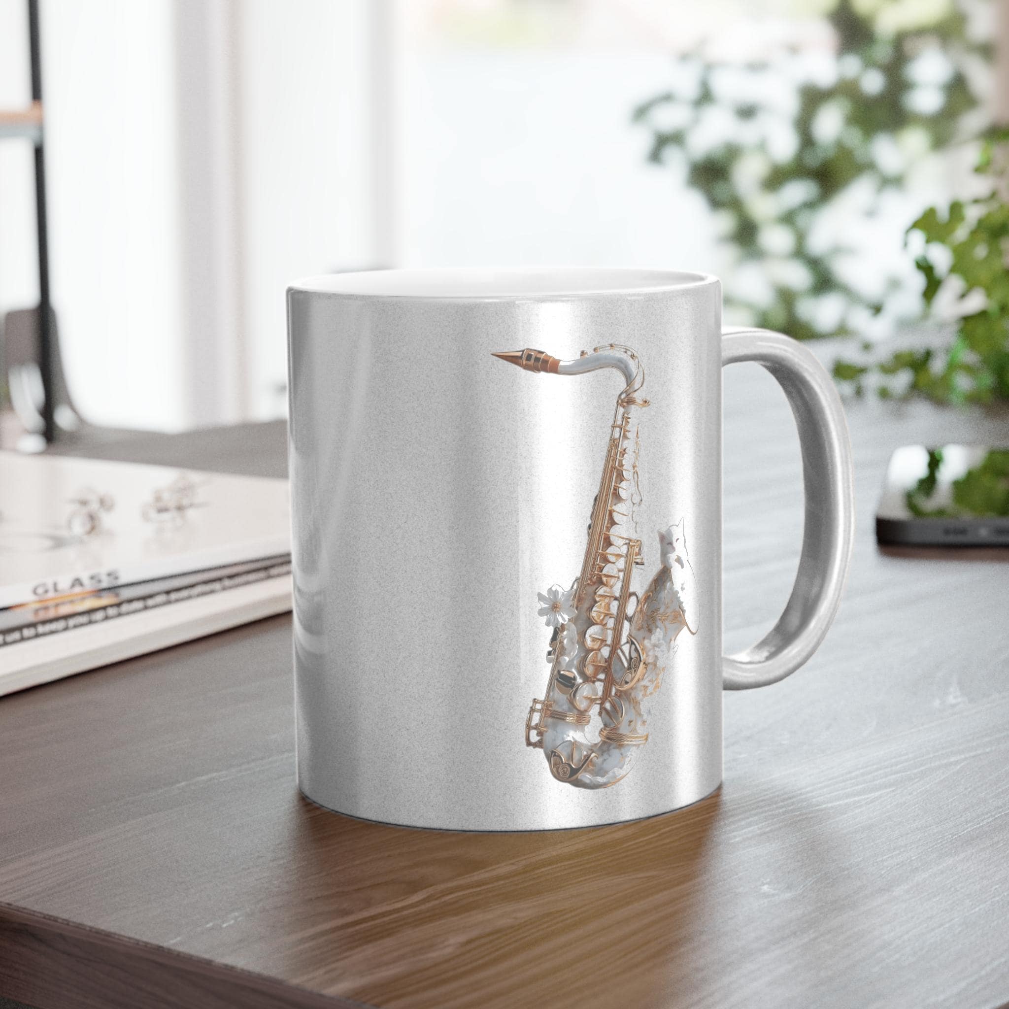 Saxophone Art Metallic Mug, Music Lover Gift, Unique Coffee Cup, Jazz Decor, Silver Gold Finish