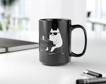Cool Cat Playing Piano Black Ceramic Mug