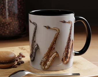 Saxophone Mug, All 4 Saxophones Gift, Soprano Alto Tenor Bari Sax Player Coffee Cup, Music Teacher Gift, Jazz Musician Mug, Band Director
