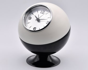 Horloge globe monotone de style atomique et compartiment de rangement - Fabriquée vers le milieu des années 80 - Réveil et horloge fonctionnant bien !